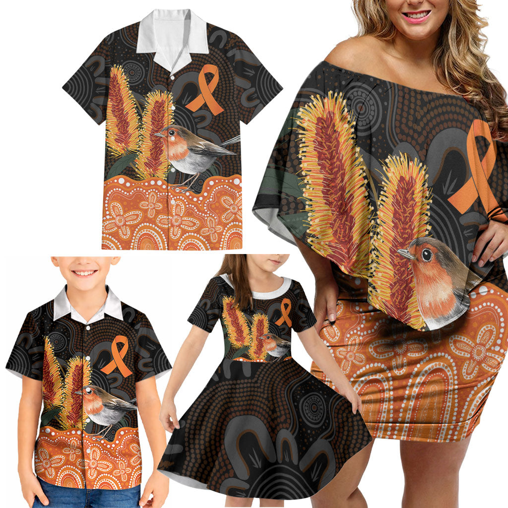 Australia Leukemia Awareness Month Family Matching Off Shoulder Short Dress and Hawaiian Shirt Flame Robin Bottlebrush Aboriginal Art