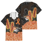 Australia Leukemia Awareness Month Family Matching Off Shoulder Short Dress and Hawaiian Shirt Flame Robin Bottlebrush Aboriginal Art