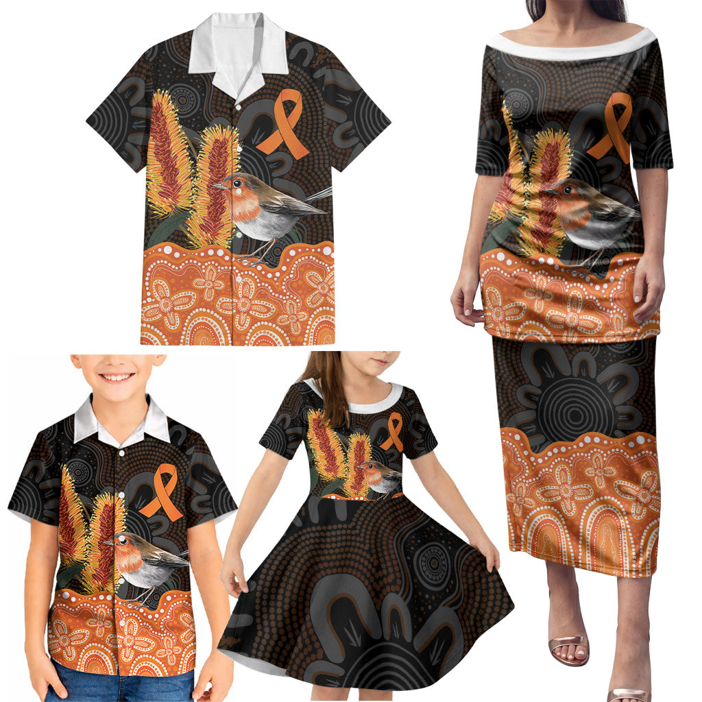 Australia Leukemia Awareness Month Family Matching Puletasi and Hawaiian Shirt Flame Robin Bottlebrush Aboriginal Art