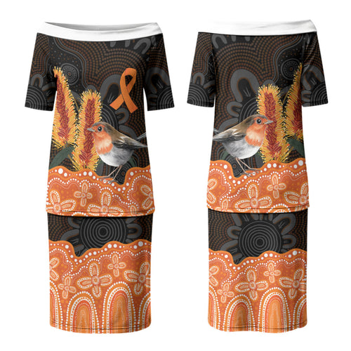 Australia Leukemia Awareness Month Family Matching Puletasi and Hawaiian Shirt Flame Robin Bottlebrush Aboriginal Art