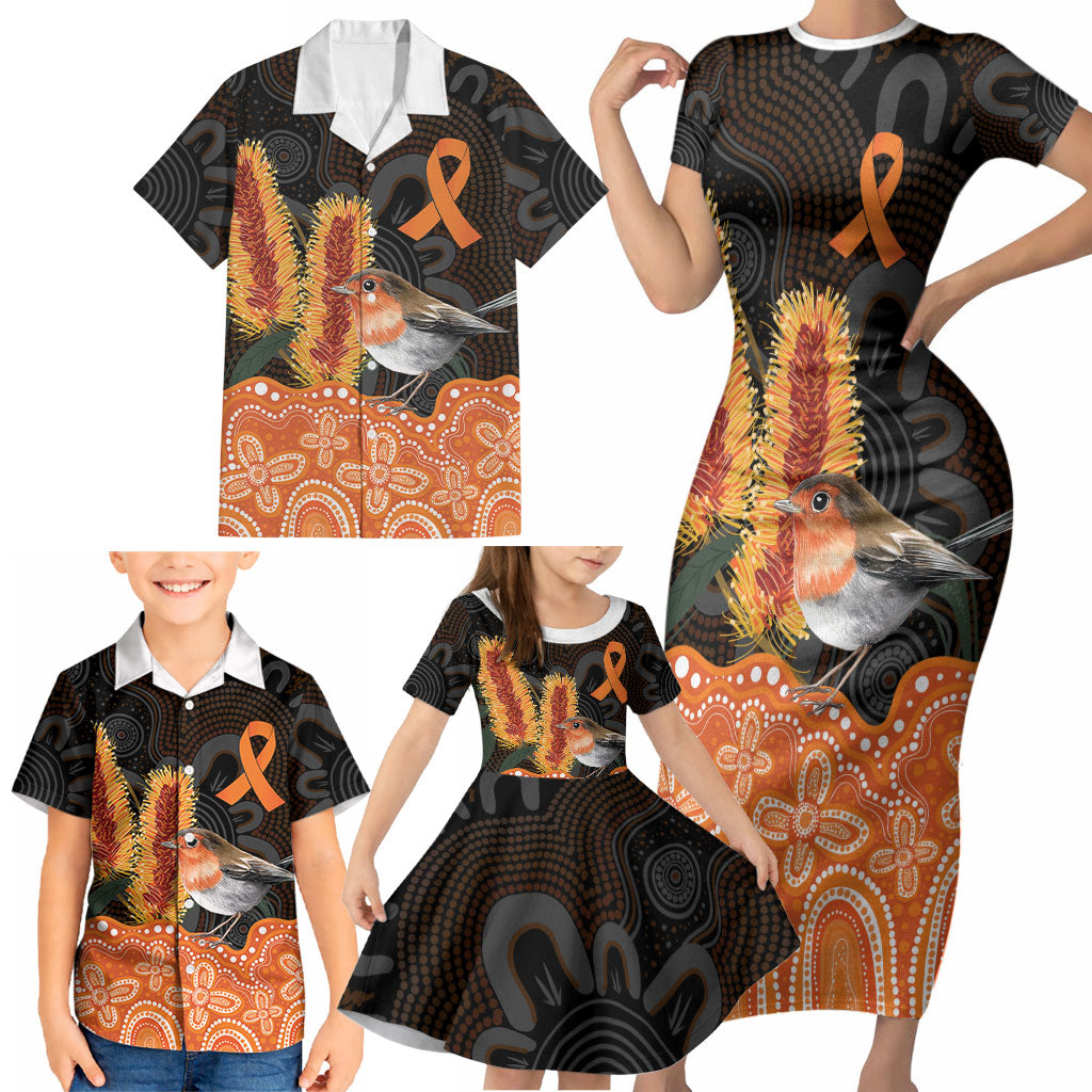 Australia Leukemia Awareness Month Family Matching Short Sleeve Bodycon Dress and Hawaiian Shirt Flame Robin Bottlebrush Aboriginal Art