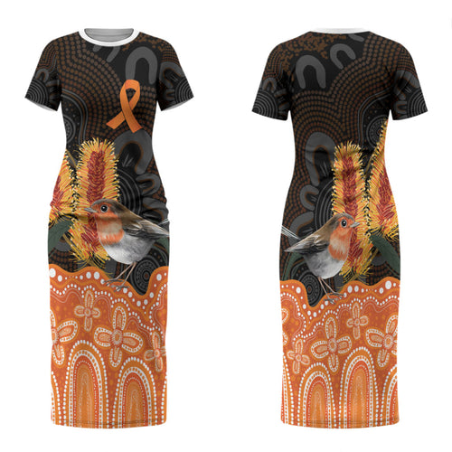 Australia Leukemia Awareness Month Family Matching Short Sleeve Bodycon Dress and Hawaiian Shirt Flame Robin Bottlebrush Aboriginal Art