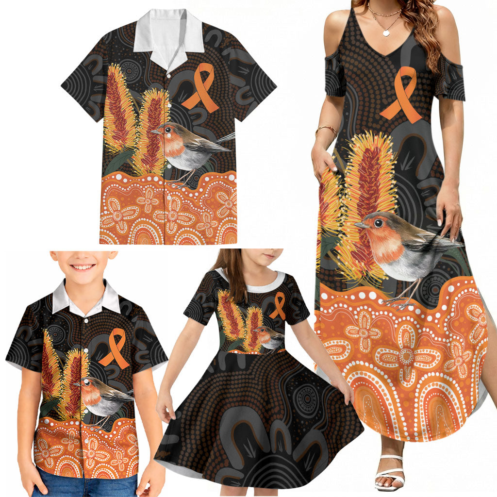 Australia Leukemia Awareness Month Family Matching Summer Maxi Dress and Hawaiian Shirt Flame Robin Bottlebrush Aboriginal Art