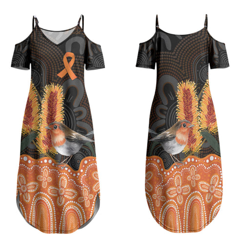 Australia Leukemia Awareness Month Family Matching Summer Maxi Dress and Hawaiian Shirt Flame Robin Bottlebrush Aboriginal Art