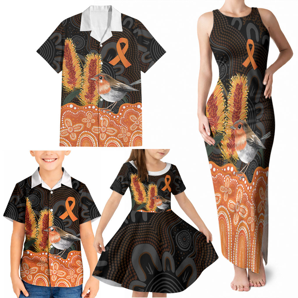 Australia Leukemia Awareness Month Family Matching Tank Maxi Dress and Hawaiian Shirt Flame Robin Bottlebrush Aboriginal Art