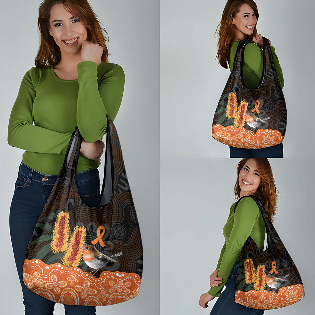 Australia Leukemia Awareness Month Grocery Bag Flame Robin Bottlebrush Aboriginal Art