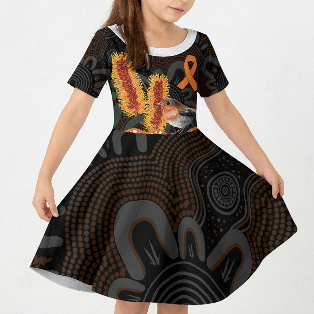 Australia Leukemia Awareness Month Kid Short Sleeve Dress Flame Robin Bottlebrush Aboriginal Art