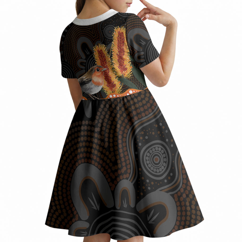 Australia Leukemia Awareness Month Kid Short Sleeve Dress Flame Robin Bottlebrush Aboriginal Art