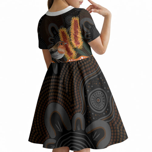 Australia Leukemia Awareness Month Kid Short Sleeve Dress Flame Robin Bottlebrush Aboriginal Art