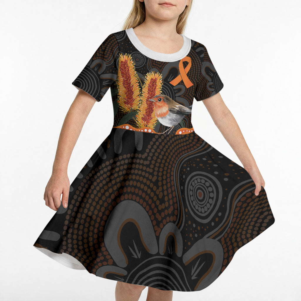 Australia Leukemia Awareness Month Kid Short Sleeve Dress Flame Robin Bottlebrush Aboriginal Art