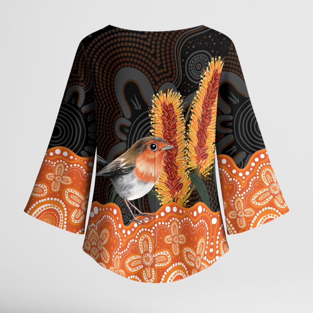Australia Leukemia Awareness Month Kimono Sleeve Blouse Flame Robin Bottlebrush Aboriginal Art