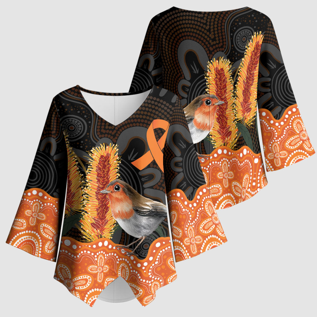 Australia Leukemia Awareness Month Kimono Sleeve Blouse Flame Robin Bottlebrush Aboriginal Art