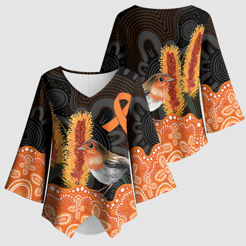 Australia Leukemia Awareness Month Kimono Sleeve Blouse Flame Robin Bottlebrush Aboriginal Art