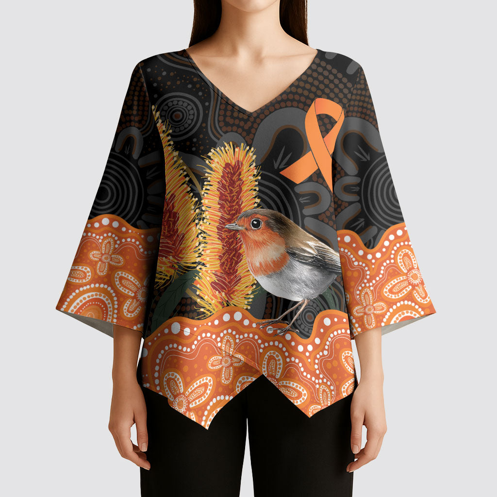 Australia Leukemia Awareness Month Kimono Sleeve Blouse Flame Robin Bottlebrush Aboriginal Art
