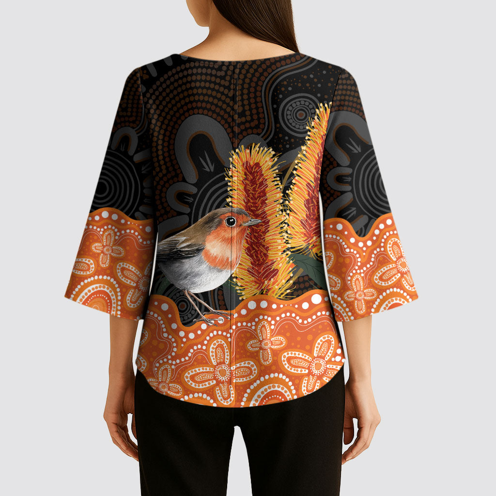 Australia Leukemia Awareness Month Kimono Sleeve Blouse Flame Robin Bottlebrush Aboriginal Art