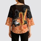 Australia Leukemia Awareness Month Kimono Sleeve Blouse Flame Robin Bottlebrush Aboriginal Art