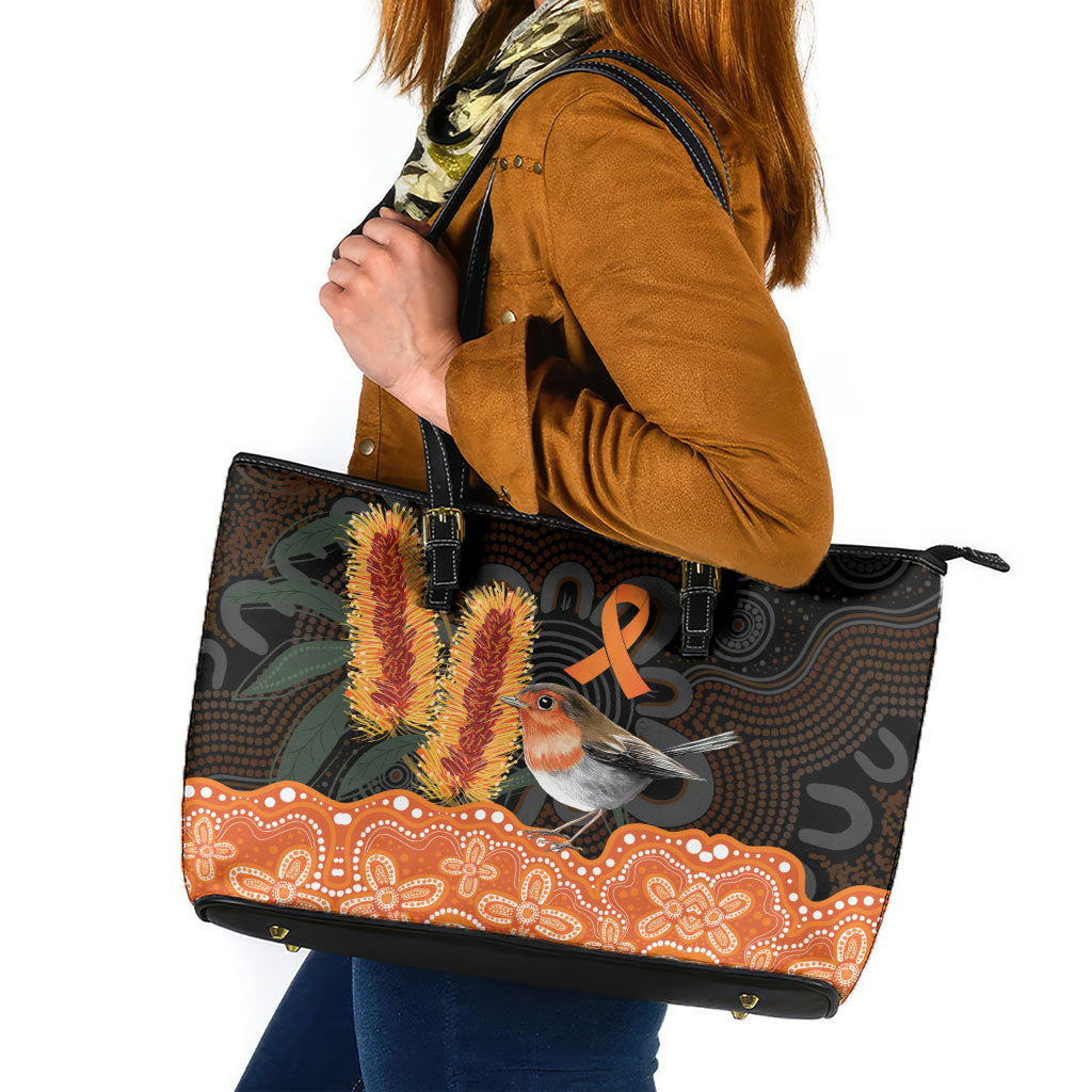 Australia Leukemia Awareness Month Leather Tote Bag Flame Robin Bottlebrush Aboriginal Art