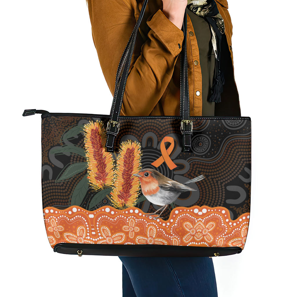 Australia Leukemia Awareness Month Leather Tote Bag Flame Robin Bottlebrush Aboriginal Art