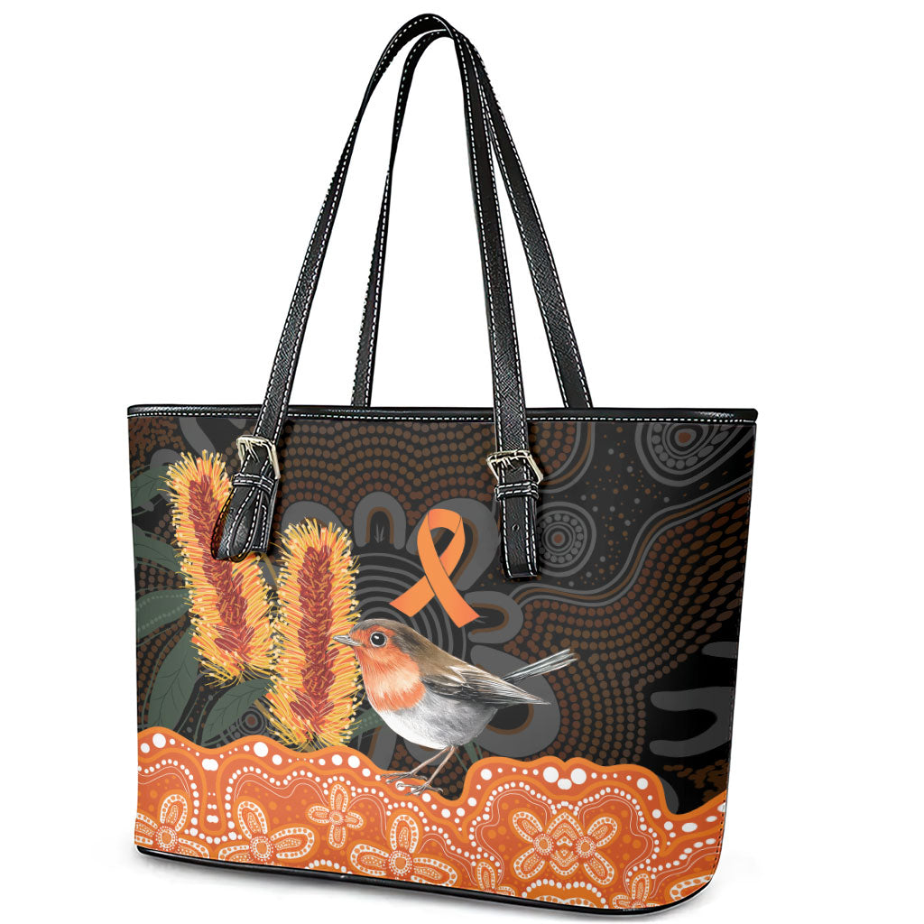 Australia Leukemia Awareness Month Leather Tote Bag Flame Robin Bottlebrush Aboriginal Art
