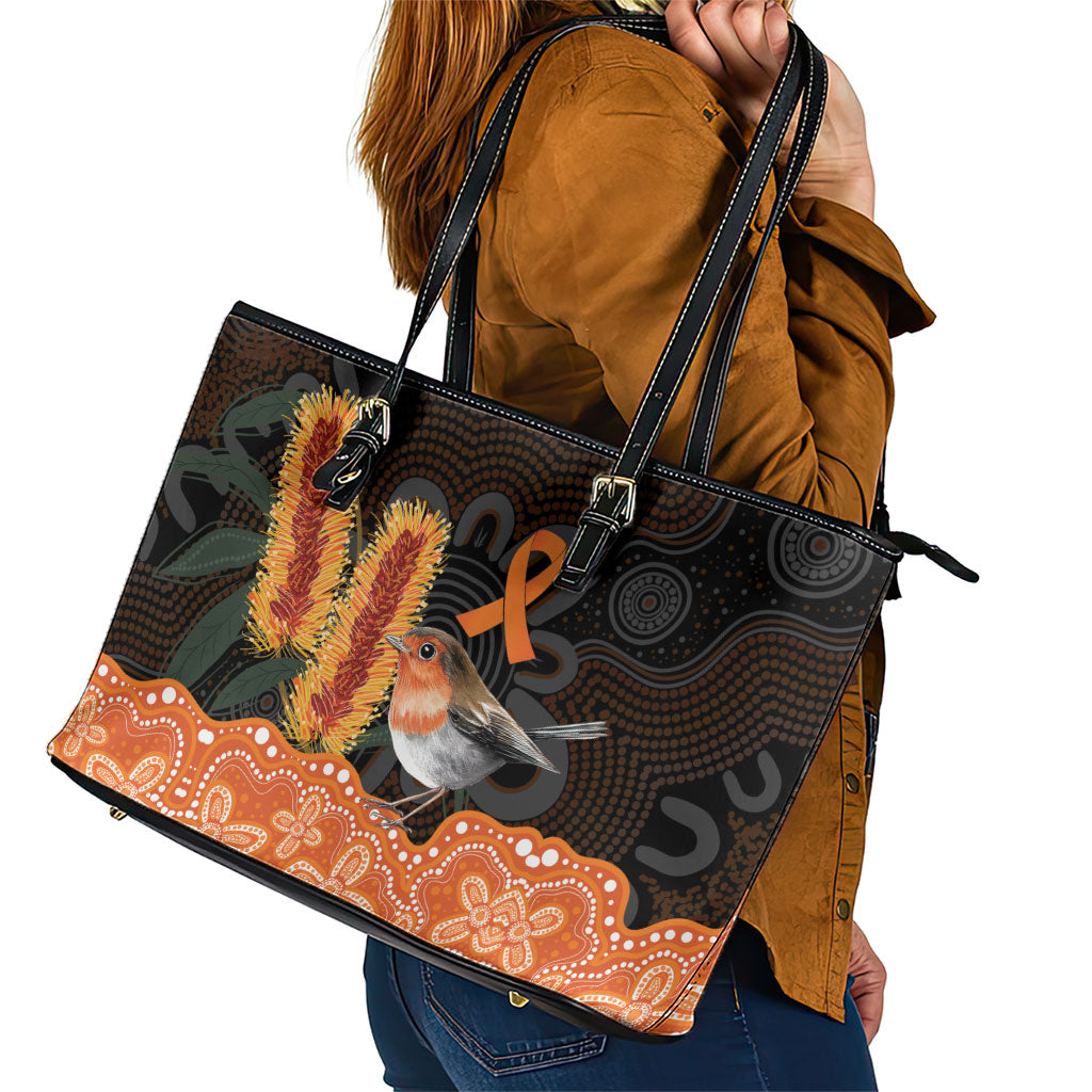 Australia Leukemia Awareness Month Leather Tote Bag Flame Robin Bottlebrush Aboriginal Art