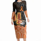 Australia Leukemia Awareness Month Long Sleeve Bodycon Dress Flame Robin Bottlebrush Aboriginal Art