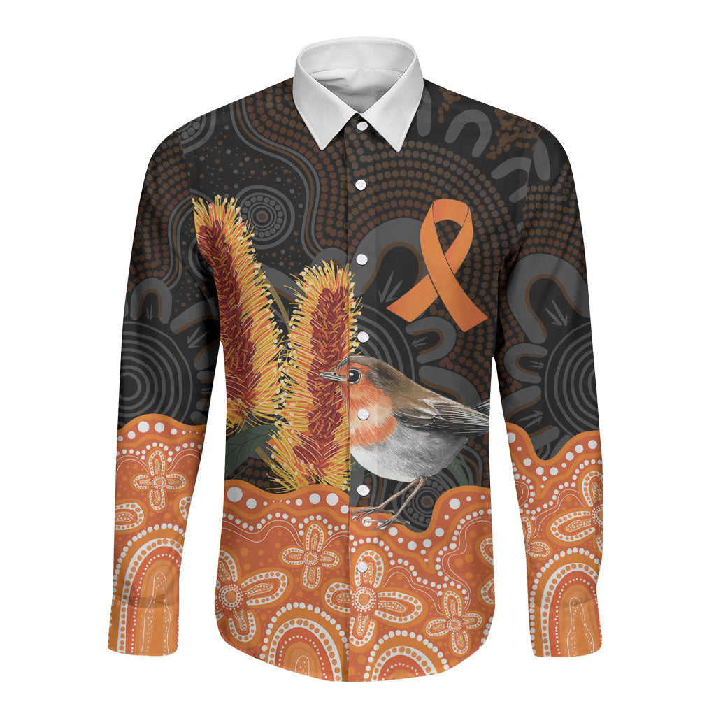 Australia Leukemia Awareness Month Long Sleeve Button Shirt Flame Robin Bottlebrush Aboriginal Art