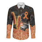 Australia Leukemia Awareness Month Long Sleeve Button Shirt Flame Robin Bottlebrush Aboriginal Art