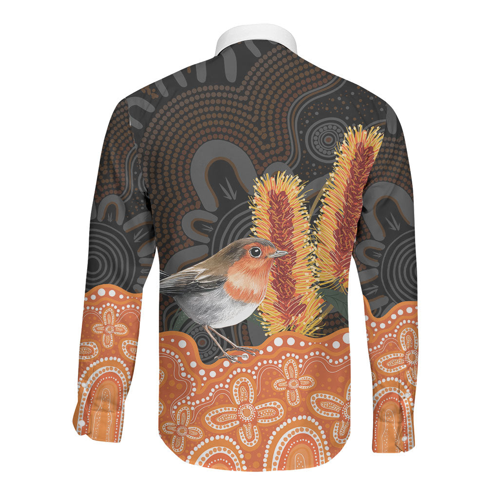 Australia Leukemia Awareness Month Long Sleeve Button Shirt Flame Robin Bottlebrush Aboriginal Art