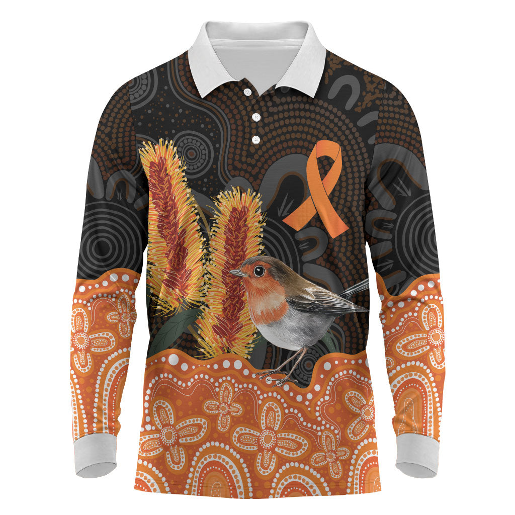 Australia Leukemia Awareness Month Long Sleeve Polo Shirt Flame Robin Bottlebrush Aboriginal Art