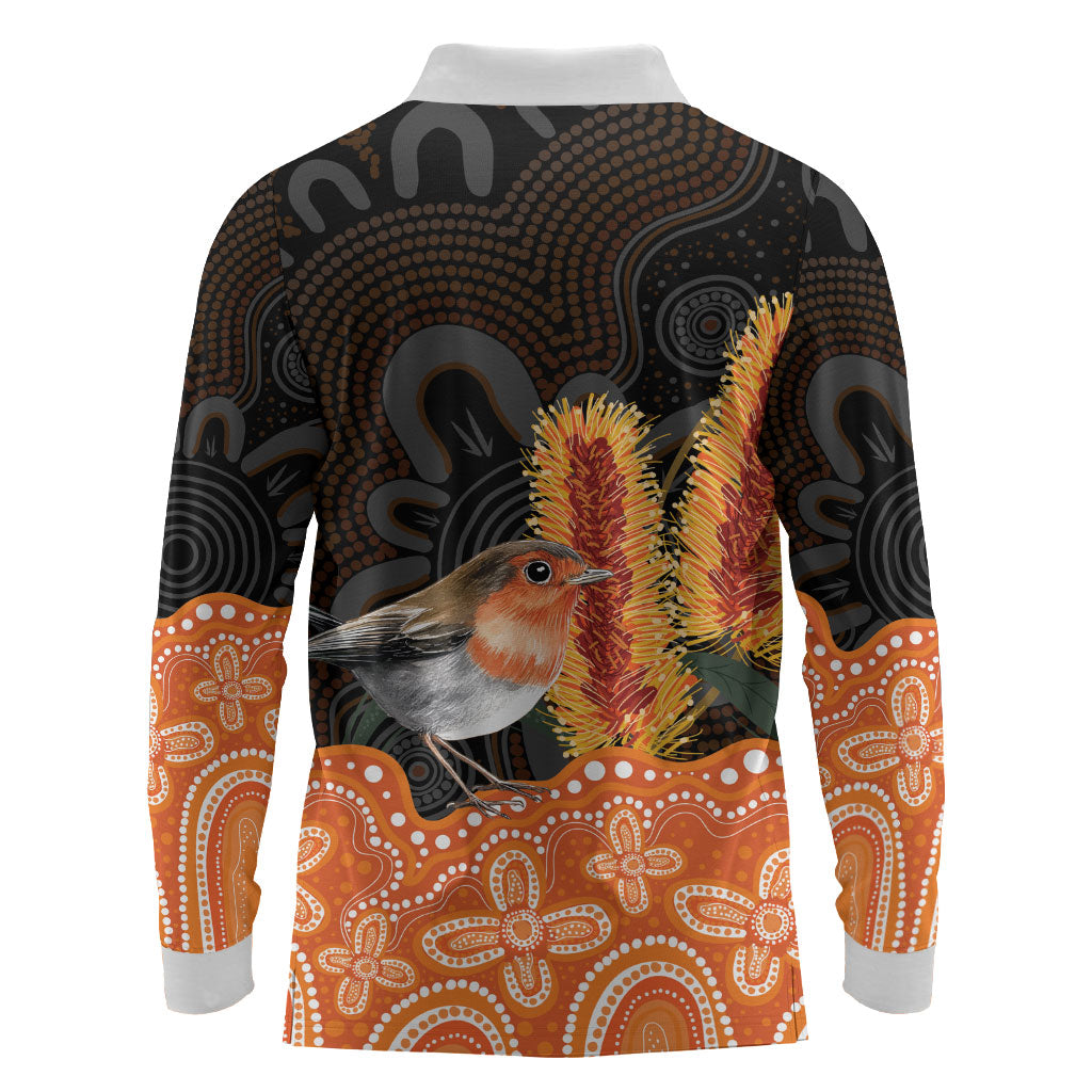 Australia Leukemia Awareness Month Long Sleeve Polo Shirt Flame Robin Bottlebrush Aboriginal Art