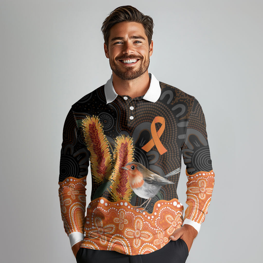 Australia Leukemia Awareness Month Long Sleeve Polo Shirt Flame Robin Bottlebrush Aboriginal Art