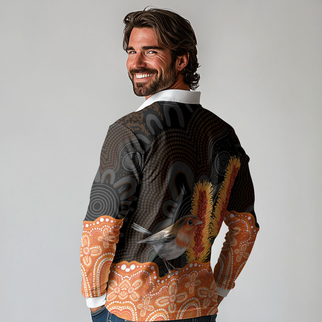 Australia Leukemia Awareness Month Long Sleeve Polo Shirt Flame Robin Bottlebrush Aboriginal Art