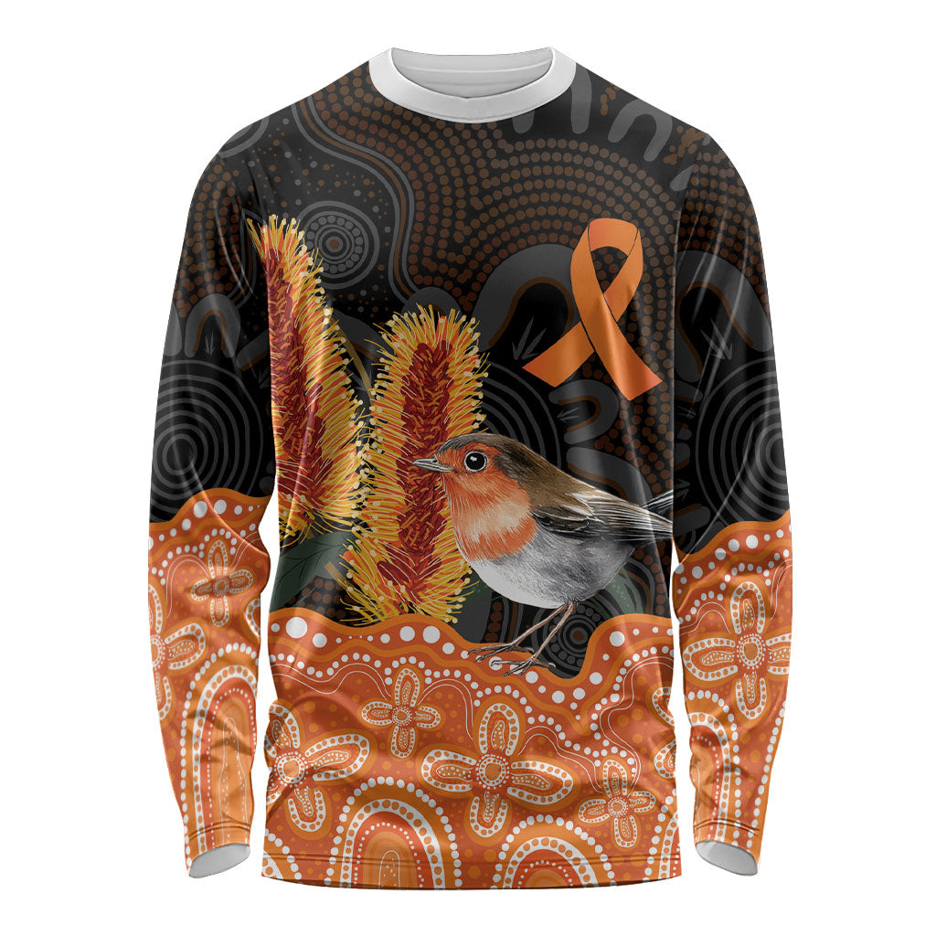 Australia Leukemia Awareness Month Long Sleeve Shirt Flame Robin Bottlebrush Aboriginal Art