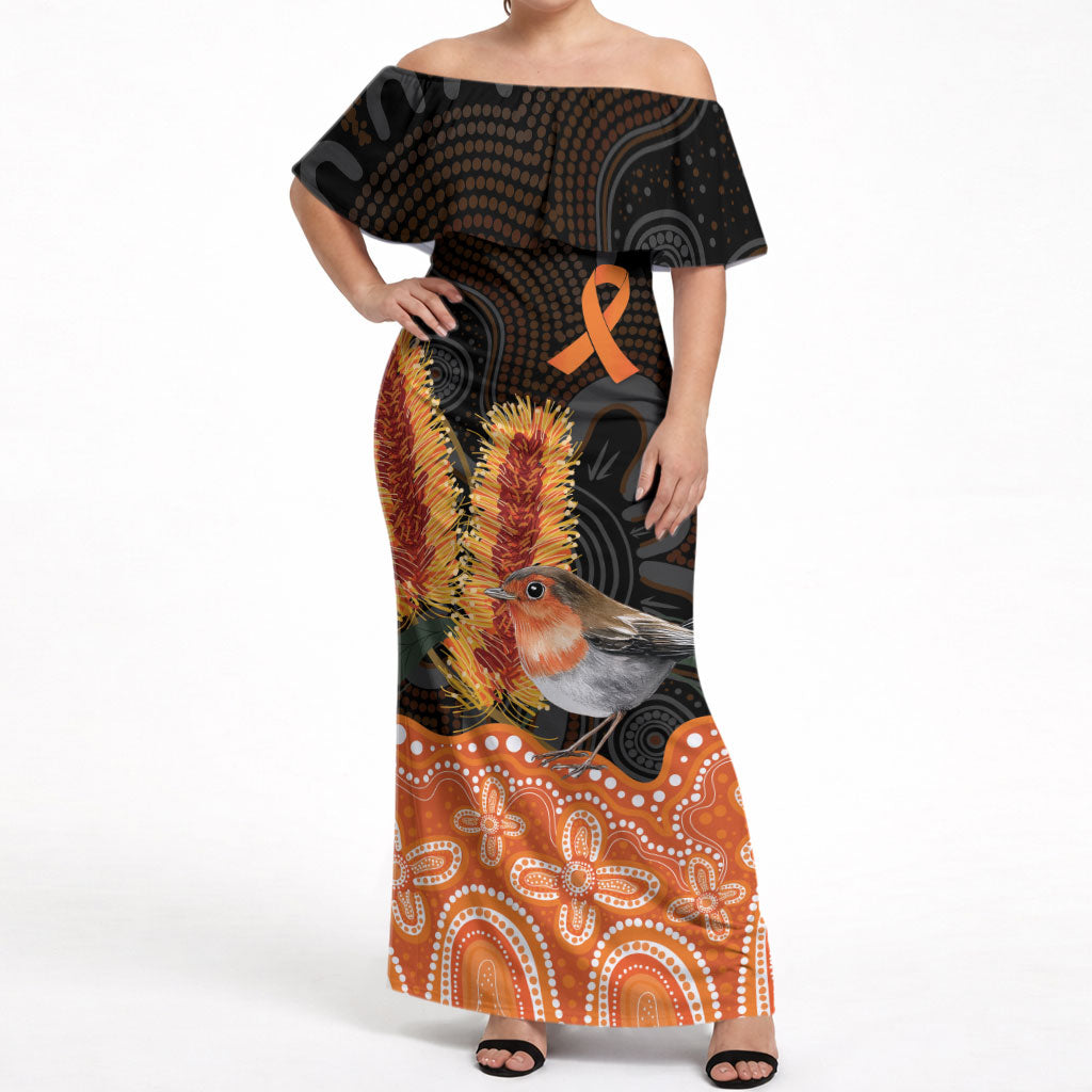 Australia Leukemia Awareness Month Off Shoulder Maxi Dress Flame Robin Bottlebrush Aboriginal Art