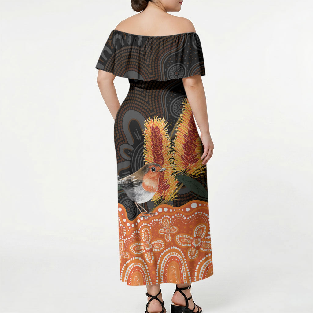 Australia Leukemia Awareness Month Off Shoulder Maxi Dress Flame Robin Bottlebrush Aboriginal Art