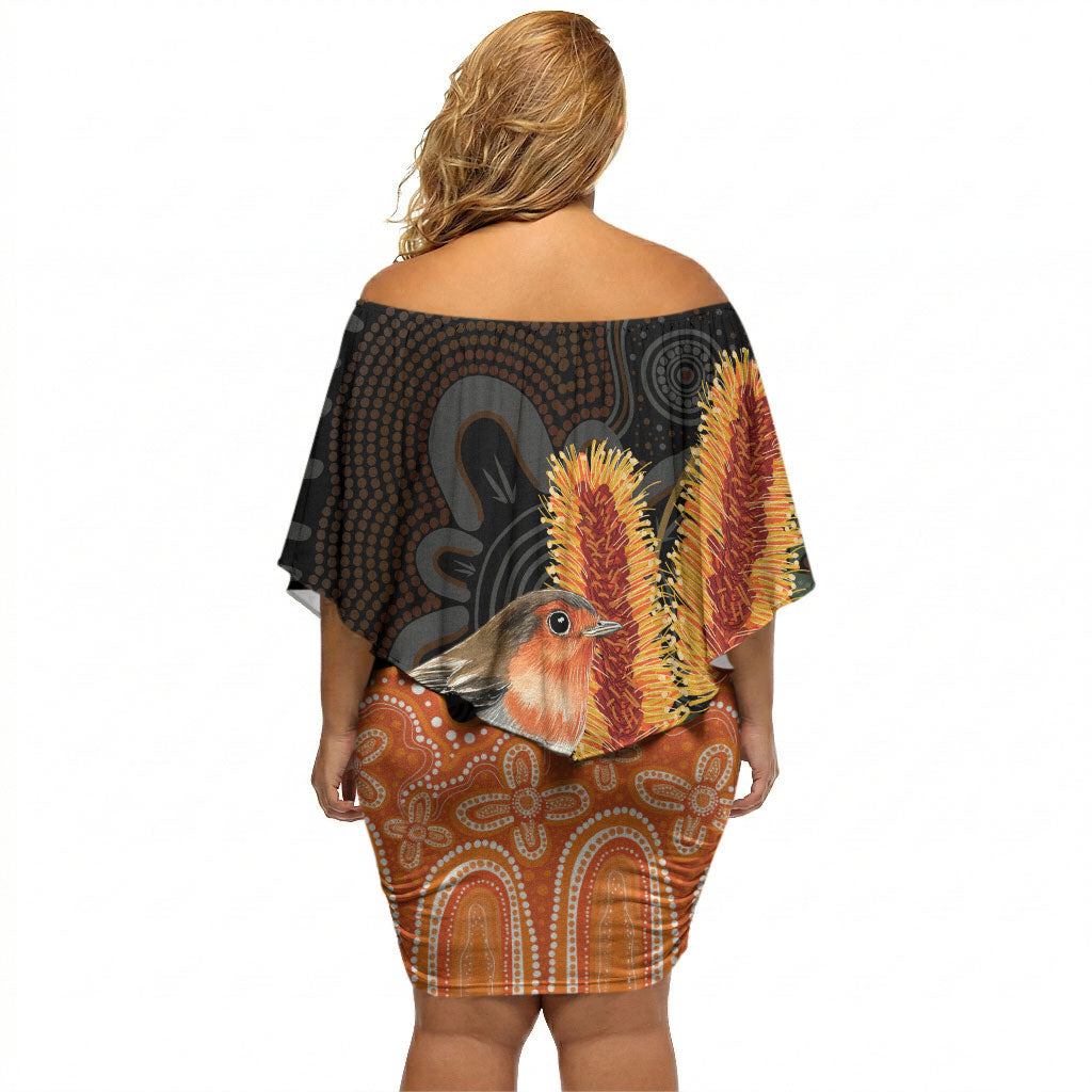 Australia Leukemia Awareness Month Off Shoulder Short Dress Flame Robin Bottlebrush Aboriginal Art