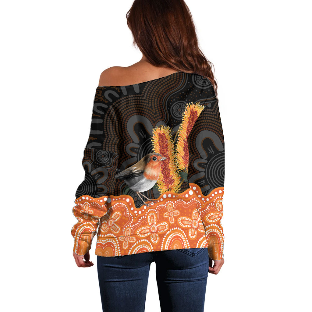 Australia Leukemia Awareness Month Off Shoulder Sweater Flame Robin Bottlebrush Aboriginal Art