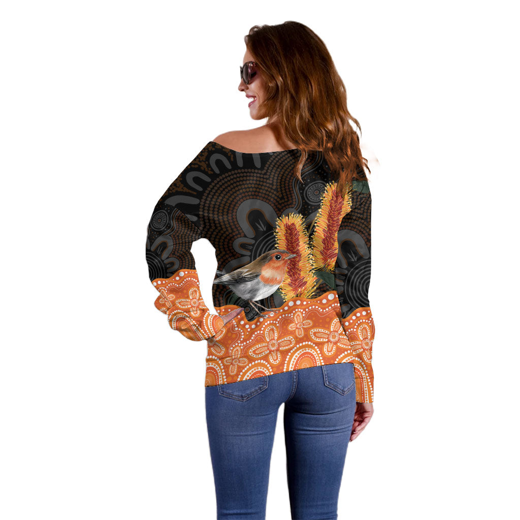Australia Leukemia Awareness Month Off Shoulder Sweater Flame Robin Bottlebrush Aboriginal Art