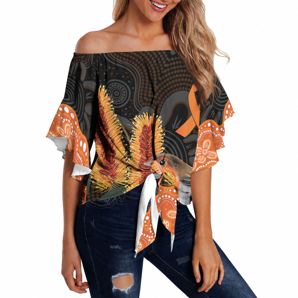 Australia Leukemia Awareness Month Off Shoulder Wrap Waist Top Flame Robin Bottlebrush Aboriginal Art
