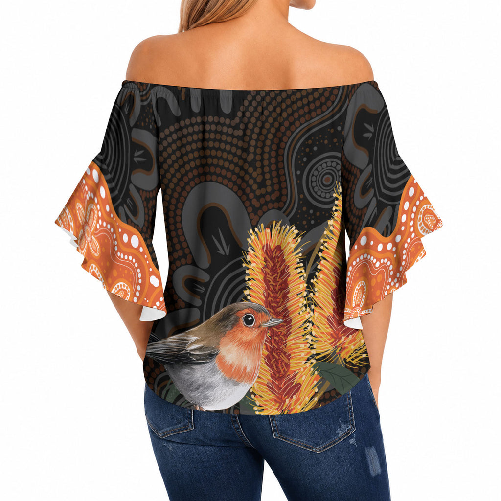 Australia Leukemia Awareness Month Off Shoulder Wrap Waist Top Flame Robin Bottlebrush Aboriginal Art