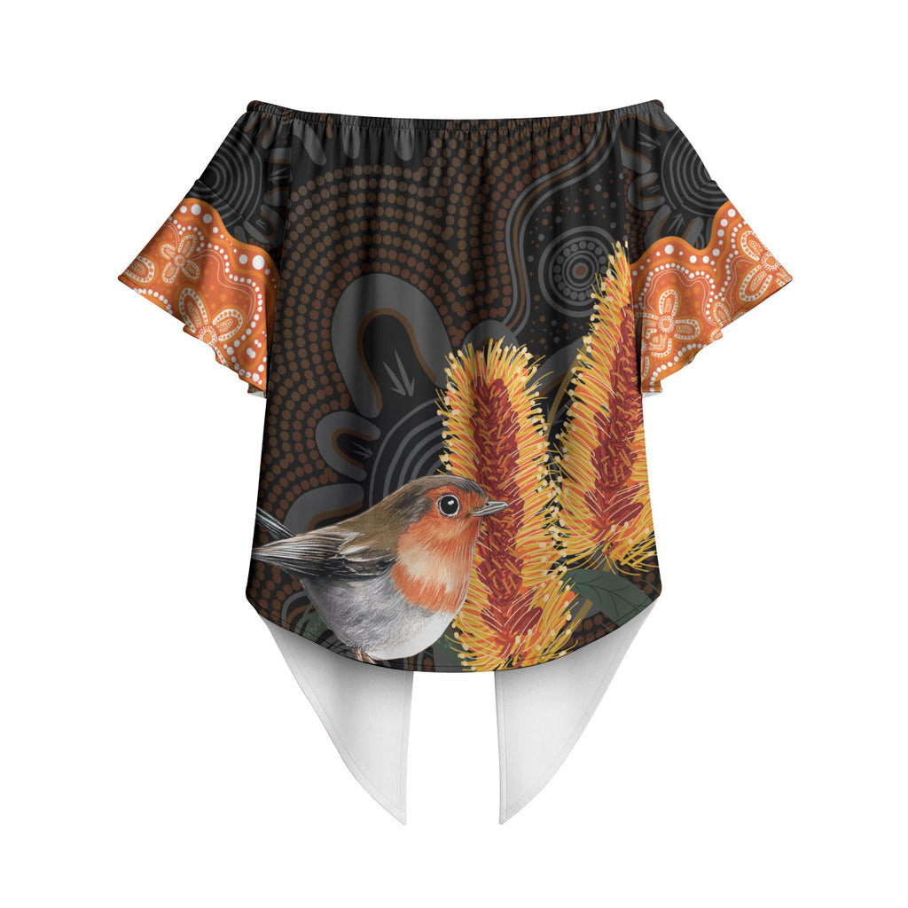 Australia Leukemia Awareness Month Off Shoulder Wrap Waist Top Flame Robin Bottlebrush Aboriginal Art