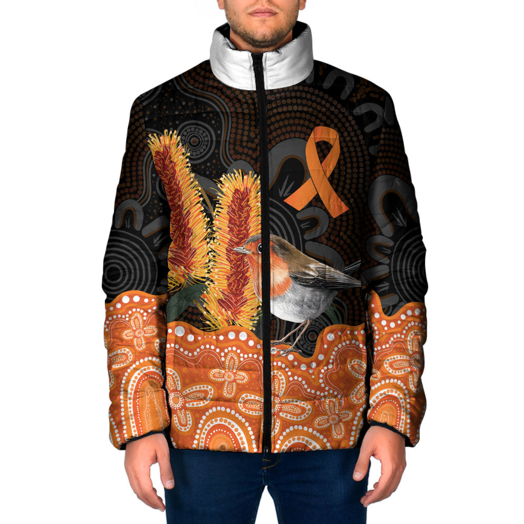 Australia Leukemia Awareness Month Padded Jacket Flame Robin Bottlebrush Aboriginal Art