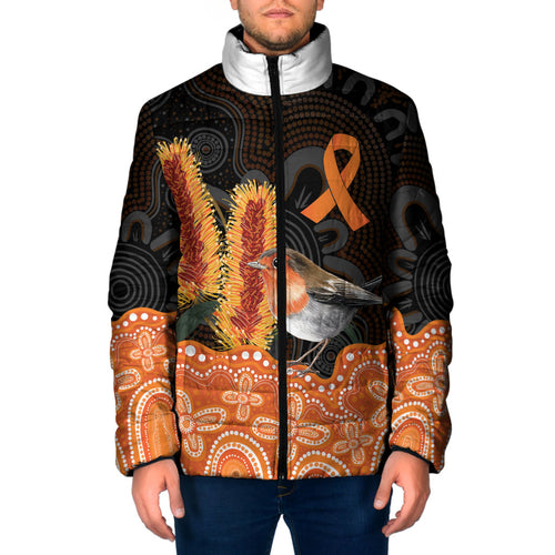 Australia Leukemia Awareness Month Padded Jacket Flame Robin Bottlebrush Aboriginal Art