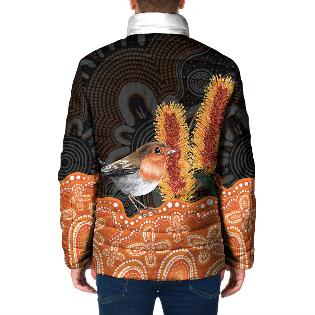 Australia Leukemia Awareness Month Padded Jacket Flame Robin Bottlebrush Aboriginal Art