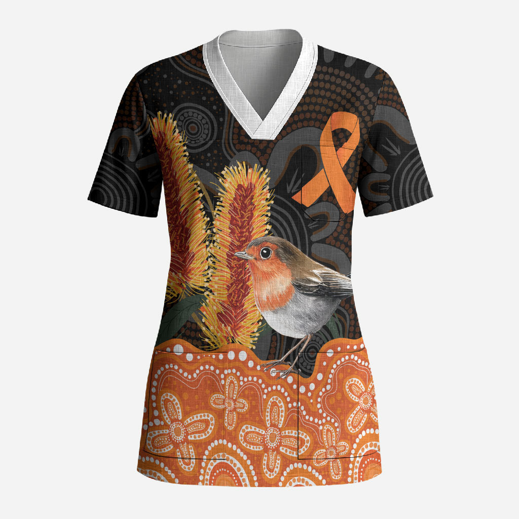 Australia Leukemia Awareness Month Scrub Top Flame Robin Bottlebrush Aboriginal Art