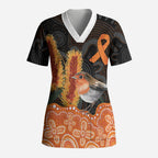 Australia Leukemia Awareness Month Scrub Top Flame Robin Bottlebrush Aboriginal Art