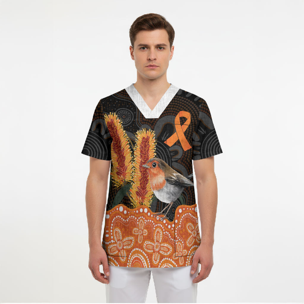Australia Leukemia Awareness Month Scrub Top Flame Robin Bottlebrush Aboriginal Art