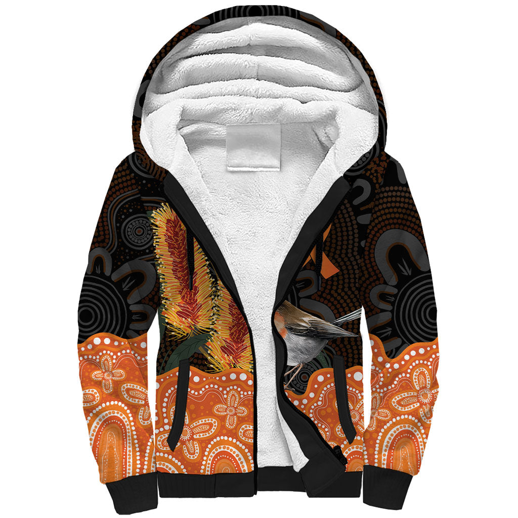 Australia Leukemia Awareness Month Sherpa Hoodie Flame Robin Bottlebrush Aboriginal Art