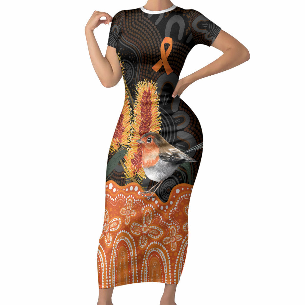Australia Leukemia Awareness Month Short Sleeve Bodycon Dress Flame Robin Bottlebrush Aboriginal Art