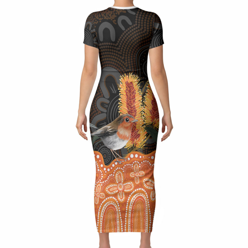 Australia Leukemia Awareness Month Short Sleeve Bodycon Dress Flame Robin Bottlebrush Aboriginal Art